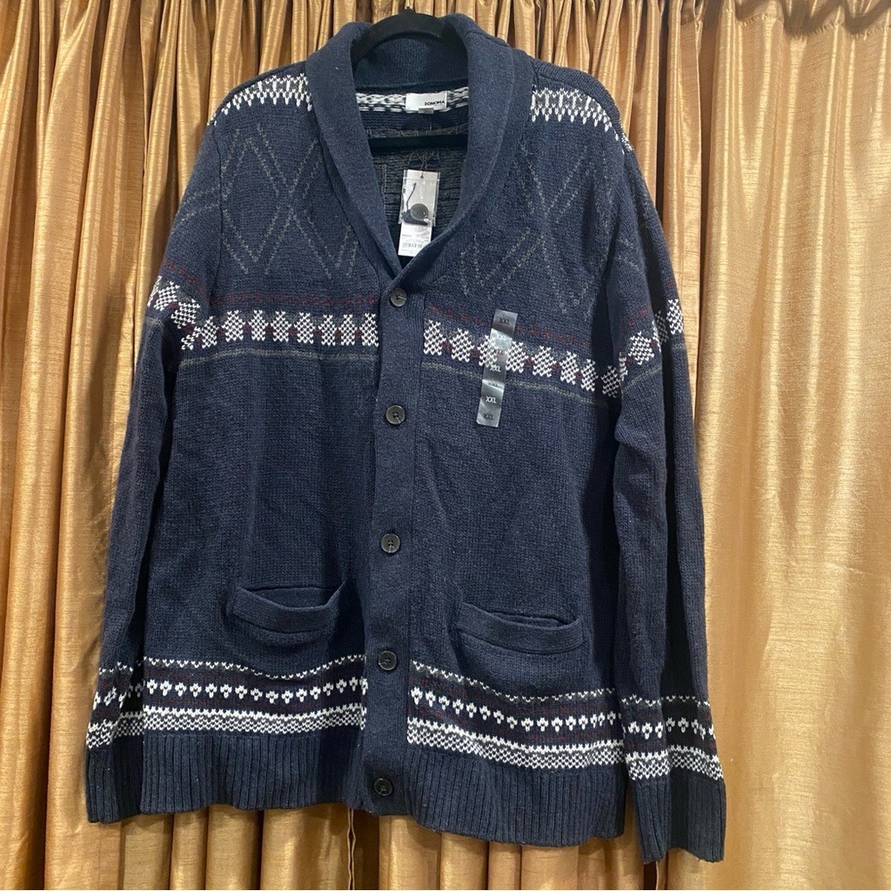 Sonoma Navy Fair Isle Shawl Collar Cardigan XXL NWT‎